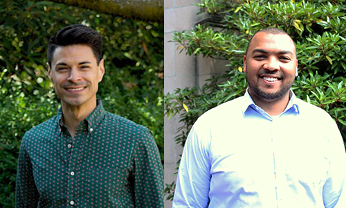 Two men, one wearing a green button up shirt and the other wearing a light blue button up shirt