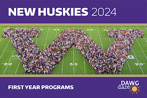 Image of UW's new incoming class of 2024 in a 'W' formation on the husky football field