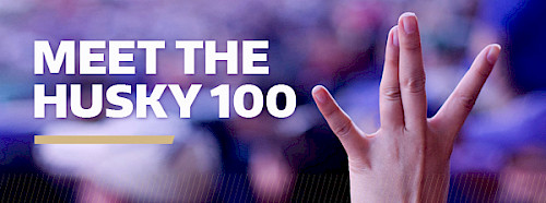 Photo with a hand doing the "W" sign, reading "Meet the Husky 100"